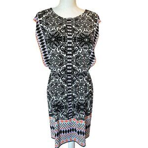 London Style Collection Women's Dress Size 4 Black White Pattern Coral Trim NEW